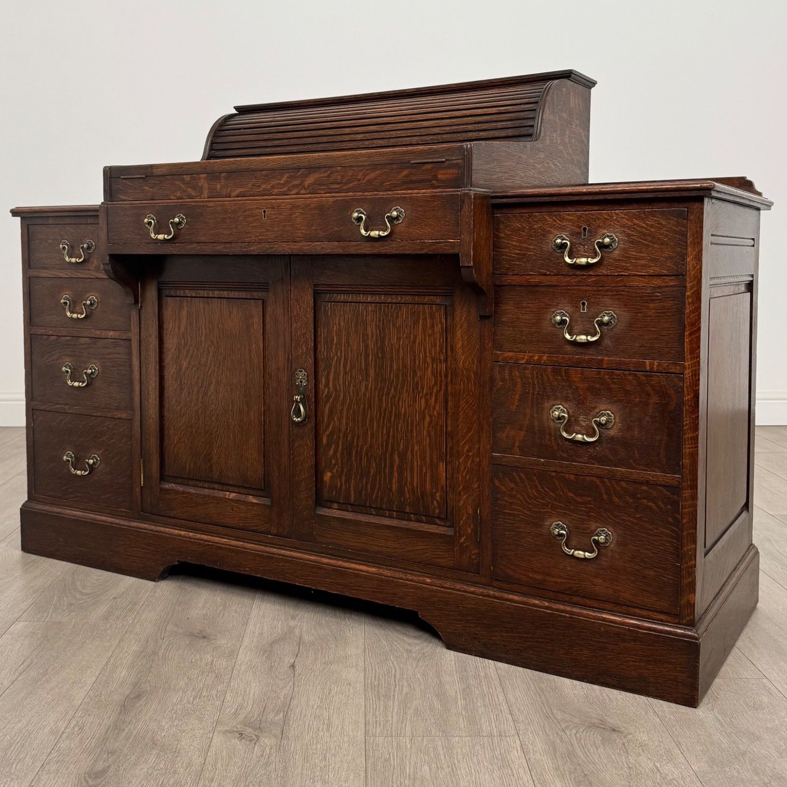 Antique 19th Century Tambour Top Bankers Desk In Oak photo for sale