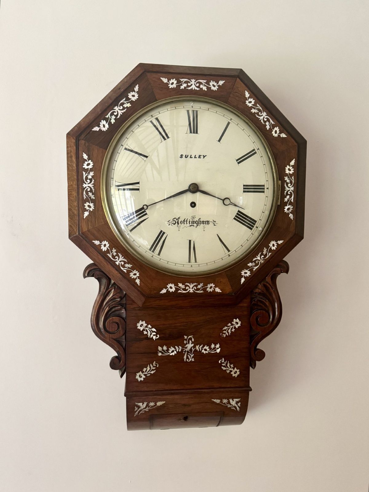 Antique 19th Century Quality Rosewood Inlaid Drop Dial Wall Clock