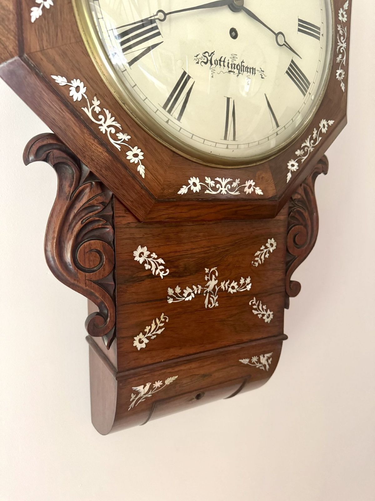 Antique 19th Century Quality Rosewood Inlaid Drop Dial Wall Clock photo vinterior