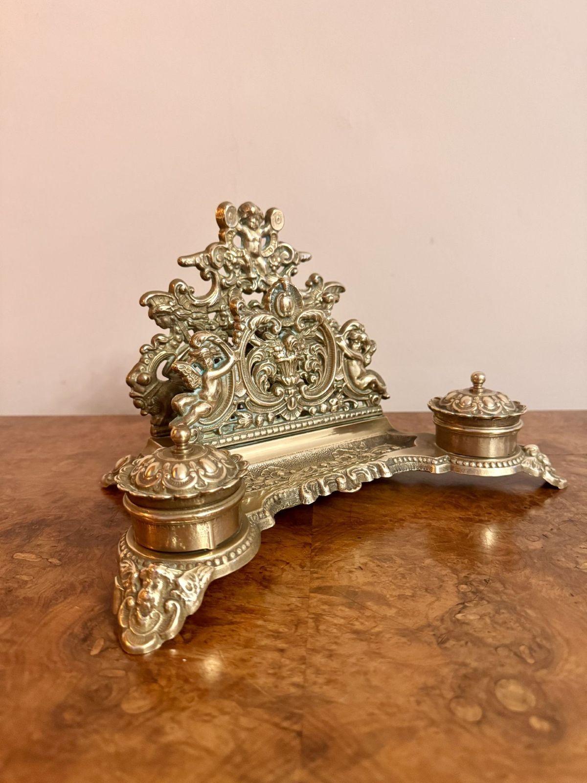 Quality Antique Ornate Brass Desk Set photo for sale