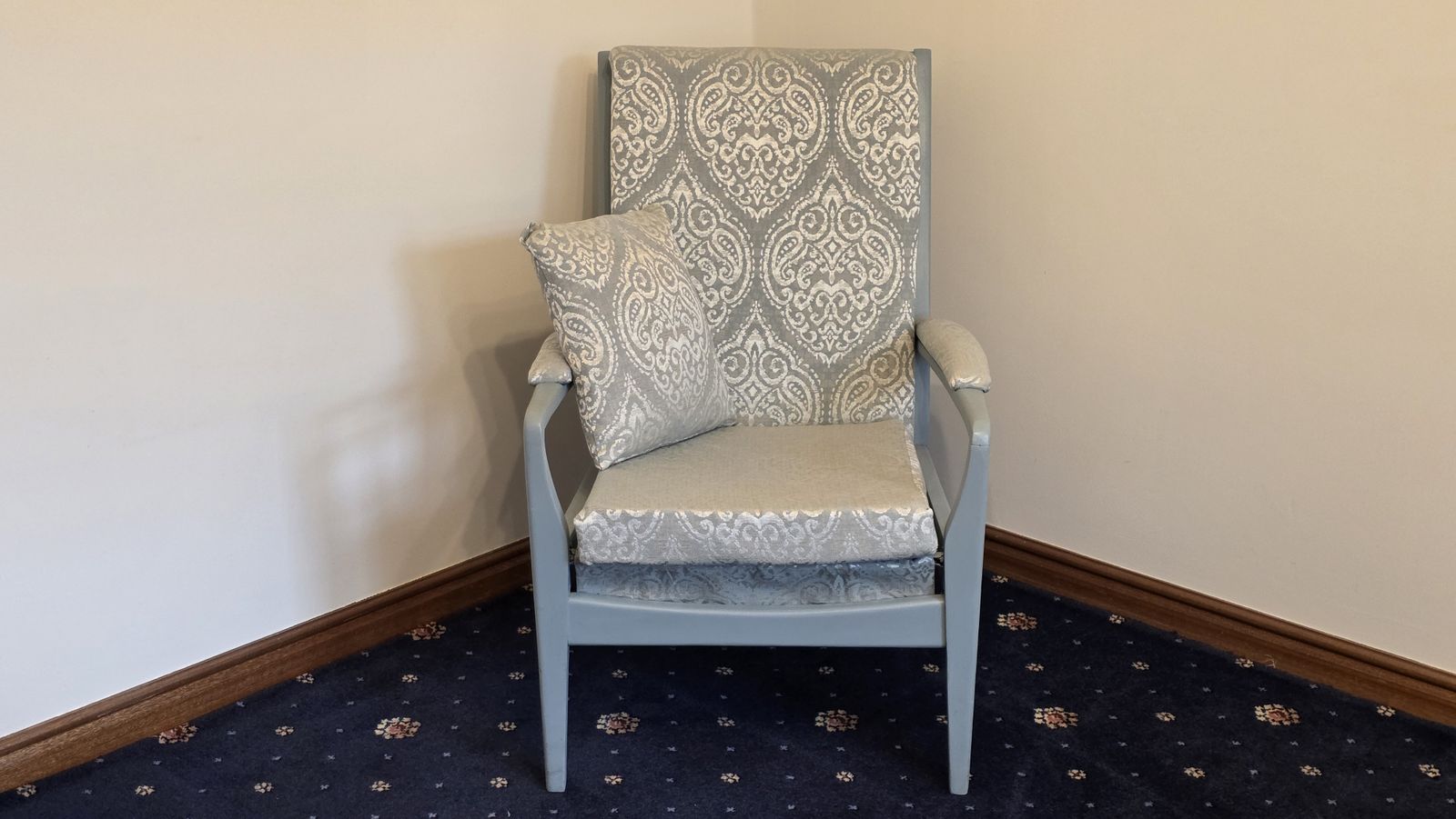 1960s Cintique High Back Chair In Prestigious Textiles ‘Emotion Marine’ photo for sale