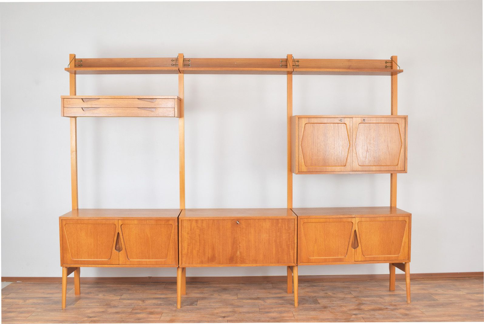 Mid Century Teak Wall Unit By Kjell Riise For Rival Brodrene Jatogs, 1960s, Set Of 3
