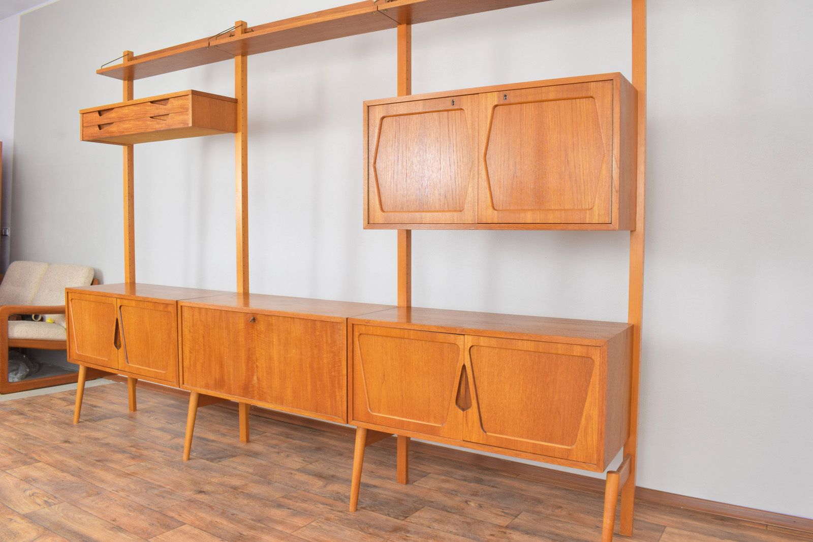 Mid Century Teak Wall Unit By Kjell Riise For Rival Brodrene Jatogs, 1960s, Set Of 3 photo Furniture