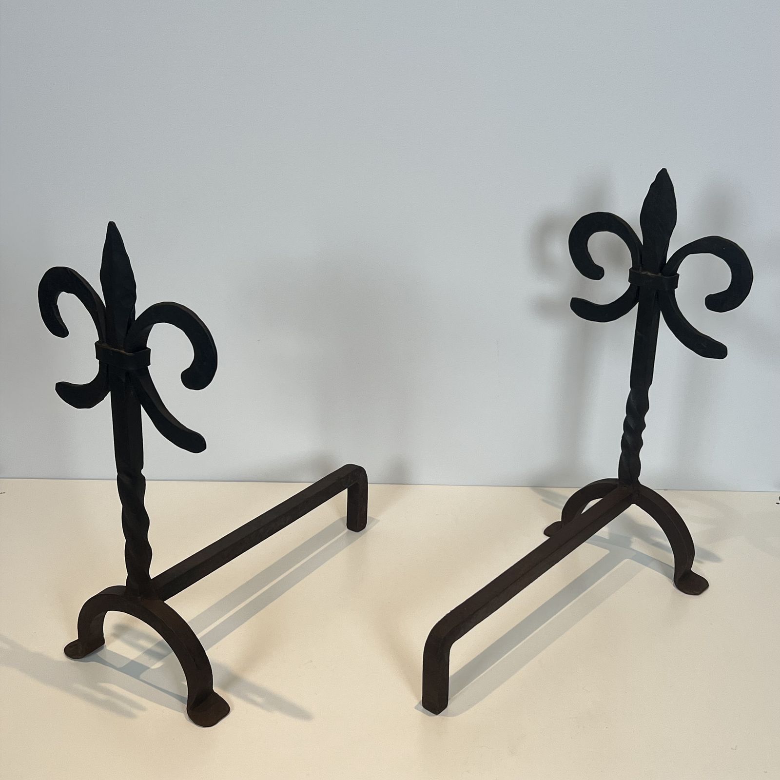 Home Fixtures Pair Of Wrought Iron Andirons With Fleur De Lis Design photo