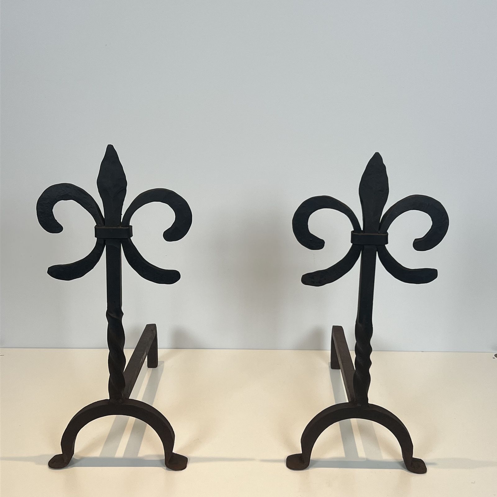 photo buy Pair Of Wrought Iron Andirons With Fleur De Lis Design