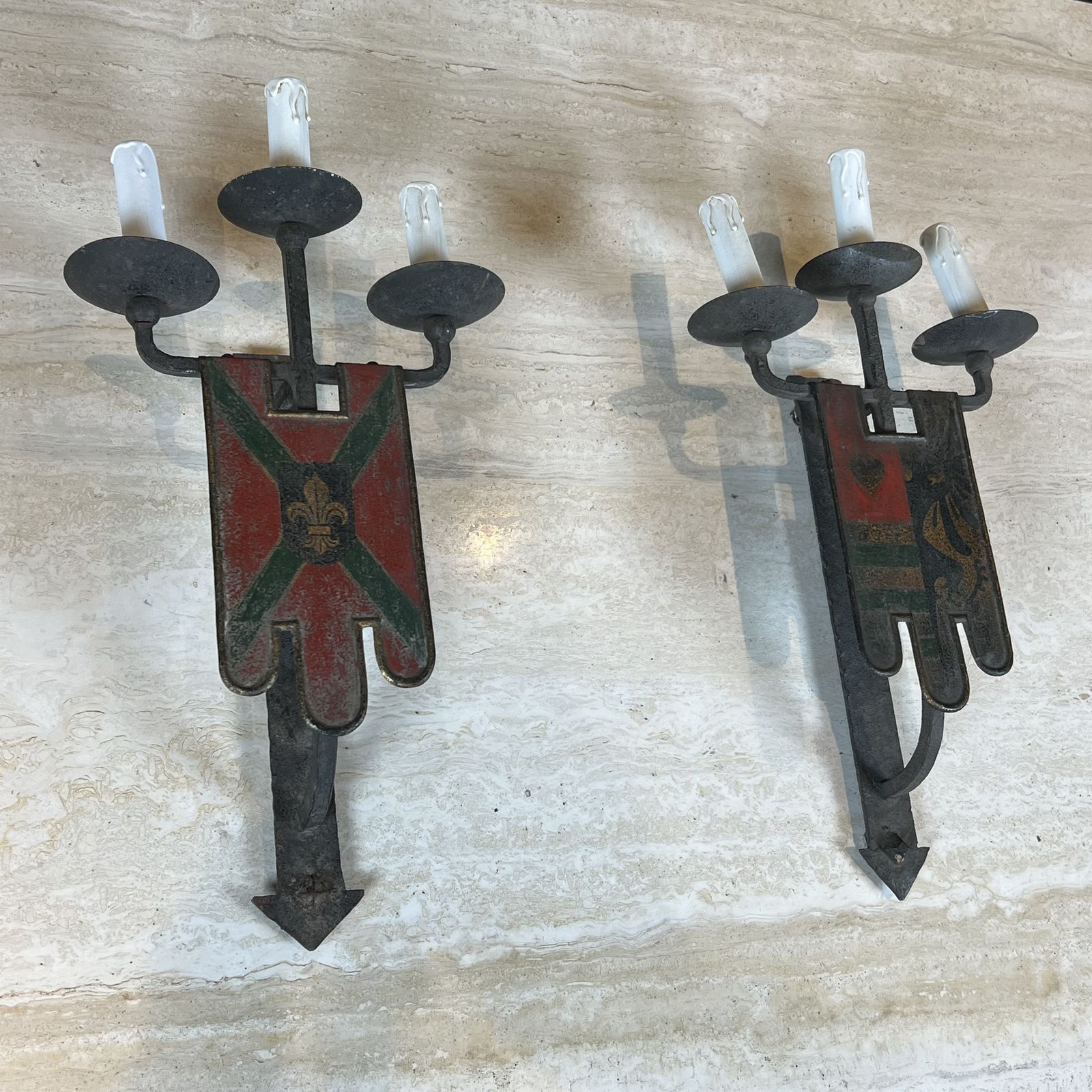 Important Pair Of Wrought Iron Wall Sconces With Coat Of Arms And 3 Gothic Style Lights photo for sale