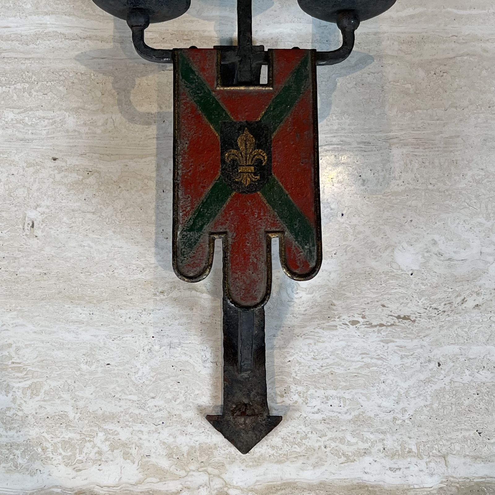 Important Pair Of Wrought Iron Wall Sconces With Coat Of Arms And 3 Gothic Style Lights photo 1850.0