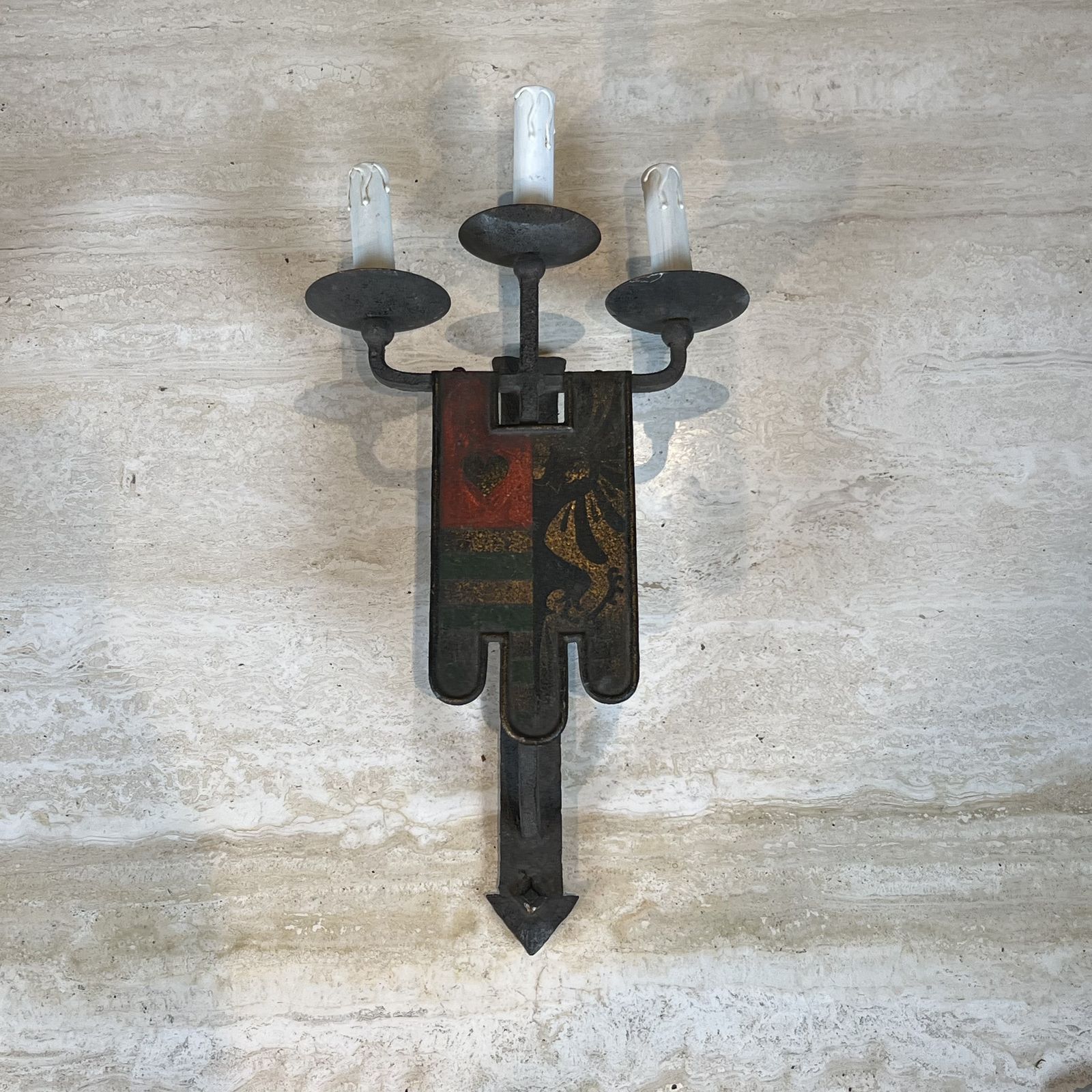 Important Pair Of Wrought Iron Wall Sconces With Coat Of Arms And 3 Gothic Style Lights photo vinterior