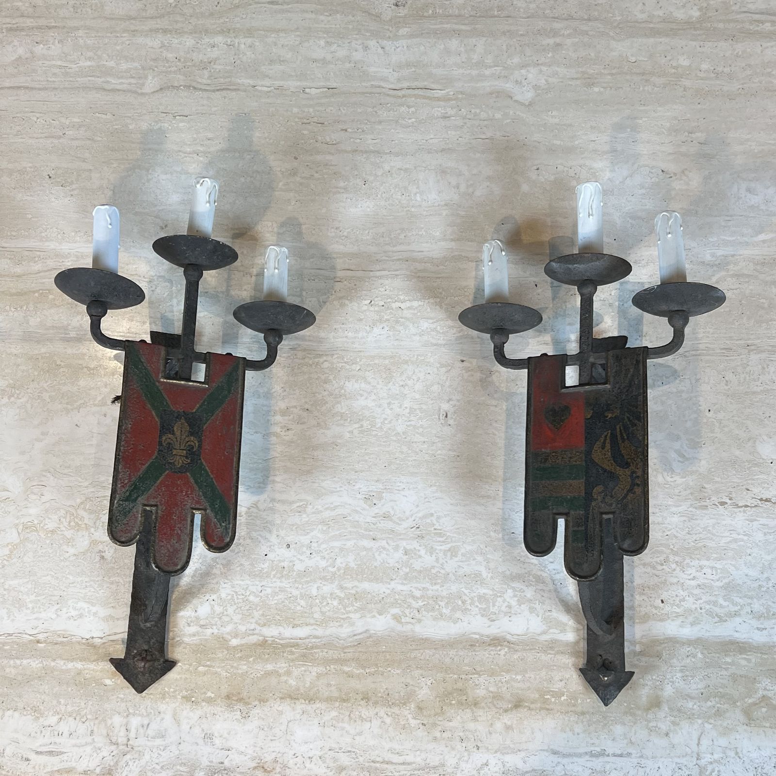 Home Decor Important Pair Of Wrought Iron Wall Sconces With Coat Of Arms And 3 Gothic Style Lights photo