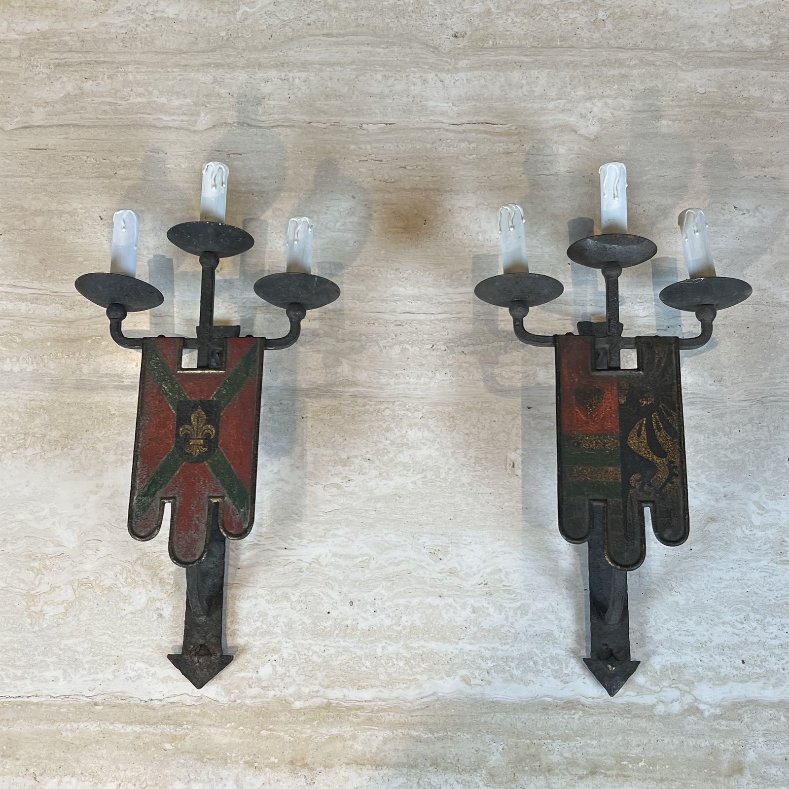 1850.0 Important Pair Of Wrought Iron Wall Sconces With Coat Of Arms And 3 Gothic Style Lights photo