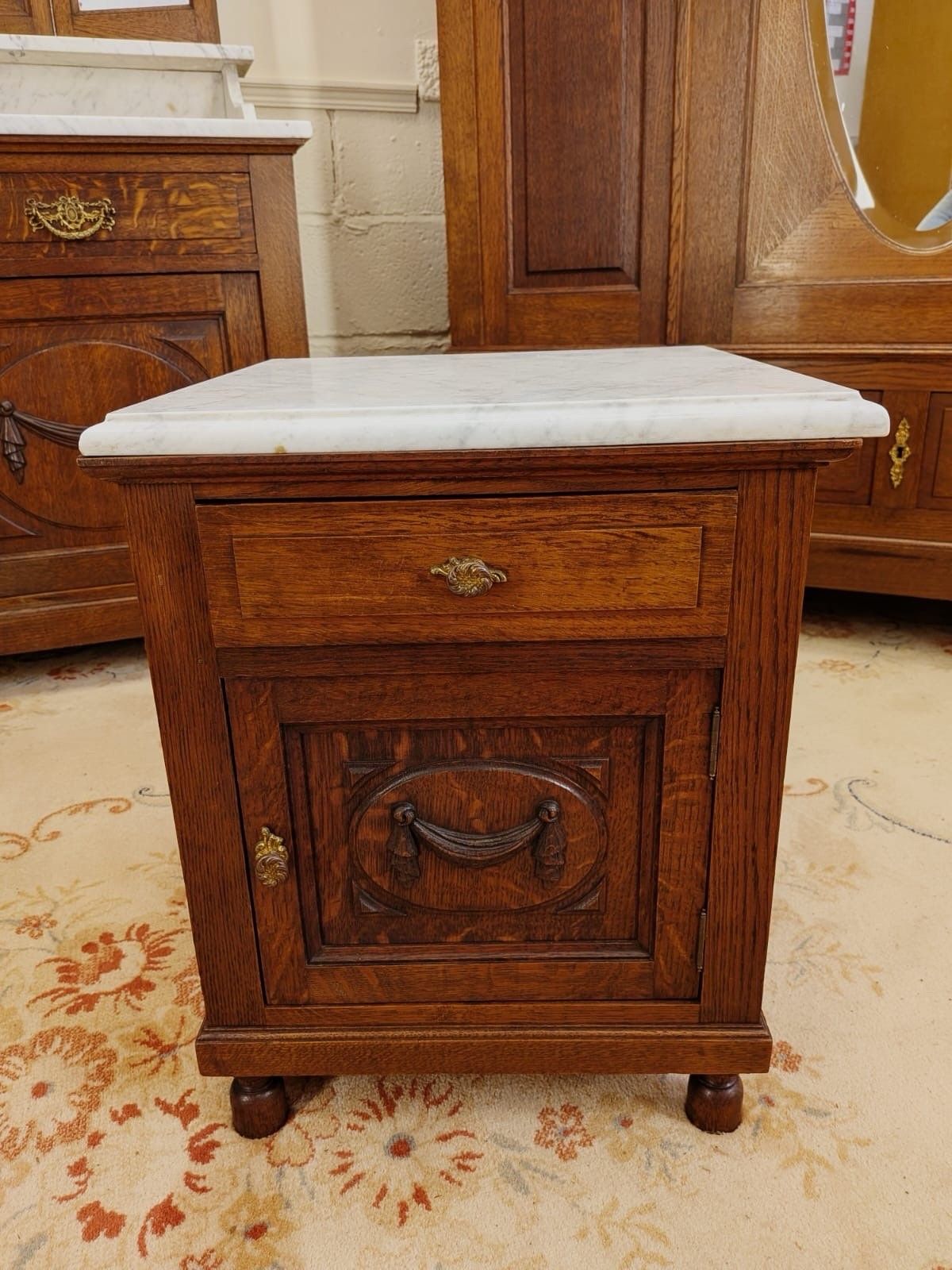 Solid Oak Carved French Continental 4 Piece Double Wardrobe Bedroom Suite C1900 photo vintage