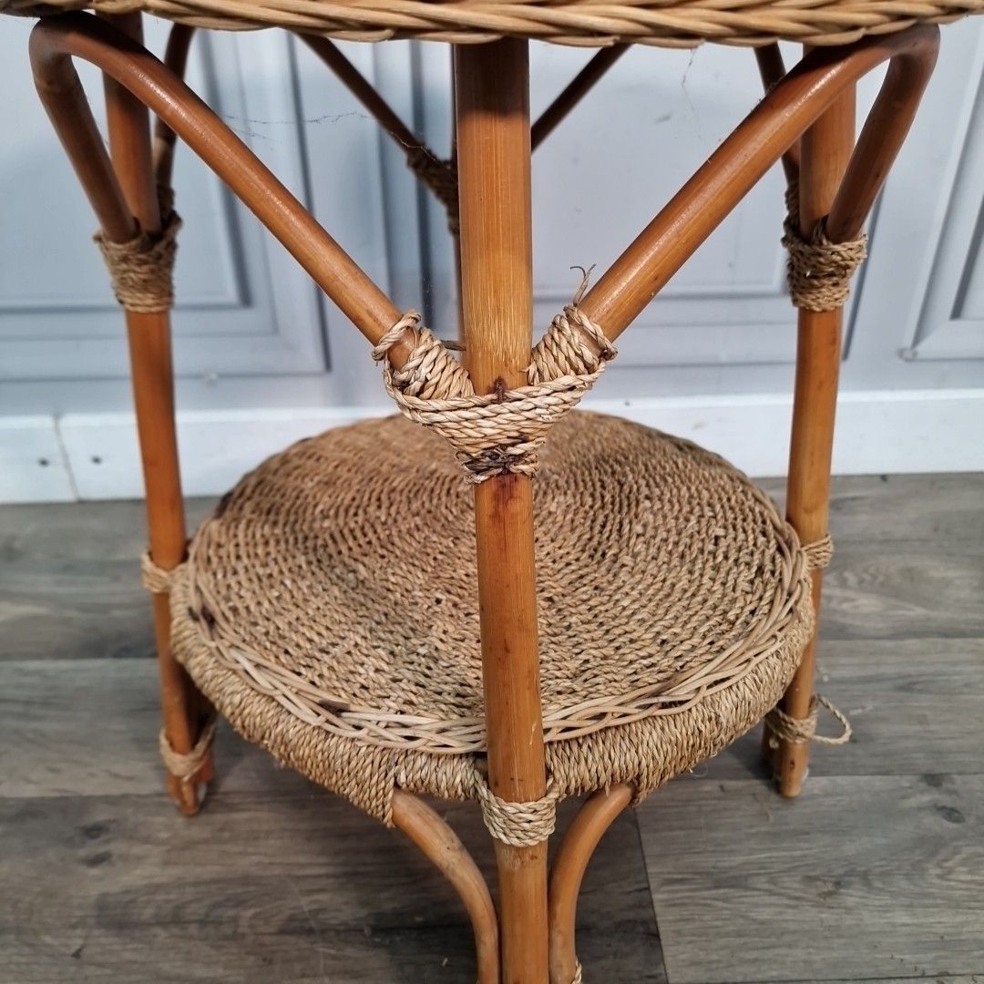 Furniture Vintage Rattan Side Table Round Two Tier Wicker Boho Lamp Plant Stand Retro photo