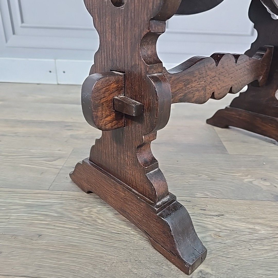 Antique Drop Leaf Table Wooden Sofa Coffee Oval Top Carved Trestle Base Oak photo for sale