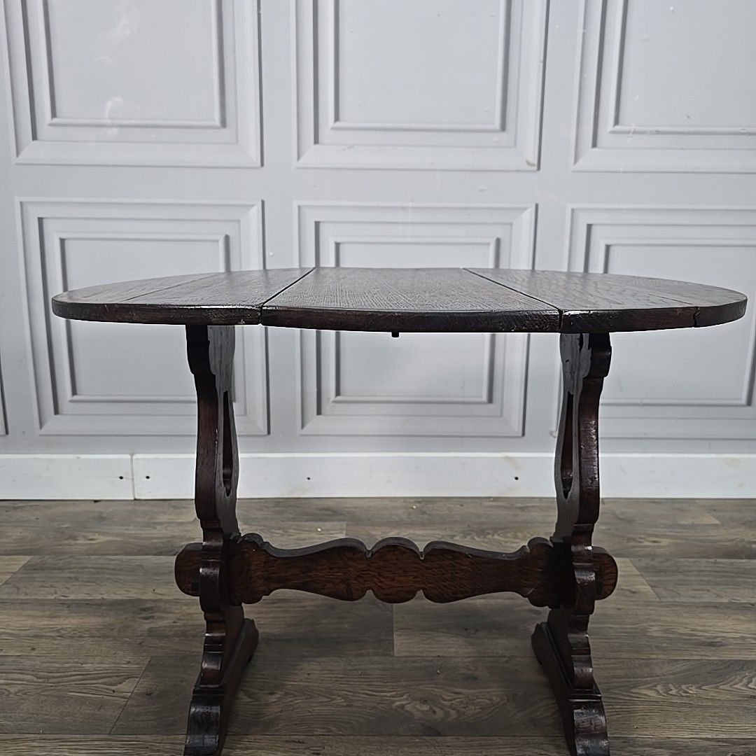 photo buy Antique Drop Leaf Table Wooden Sofa Coffee Oval Top Carved Trestle Base Oak