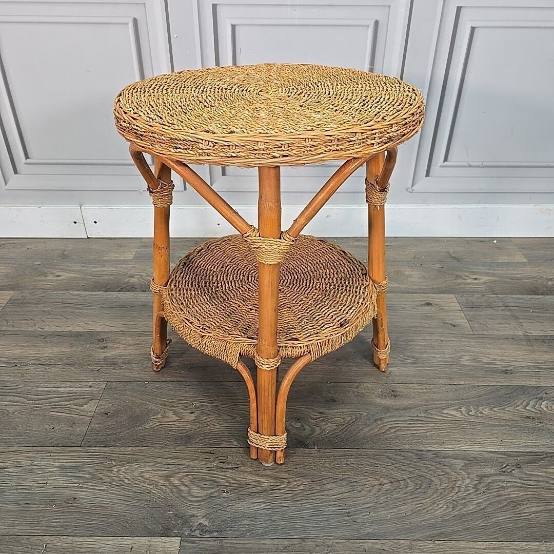 Vintage Rattan Side Table Round Two Tier Wicker Boho Lamp Plant Stand Retro