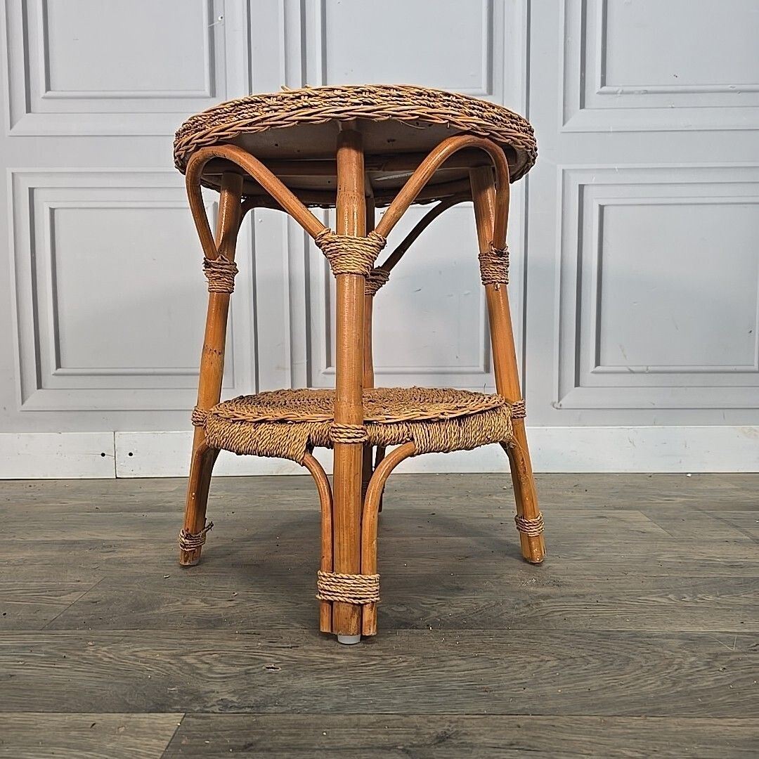 Vintage Rattan Side Table Round Two Tier Wicker Boho Lamp Plant Stand Retro photo furniture