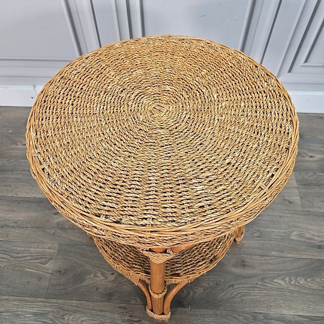 Vintage Rattan Side Table Round Two Tier Wicker Boho Lamp Plant Stand Retro photo for sale