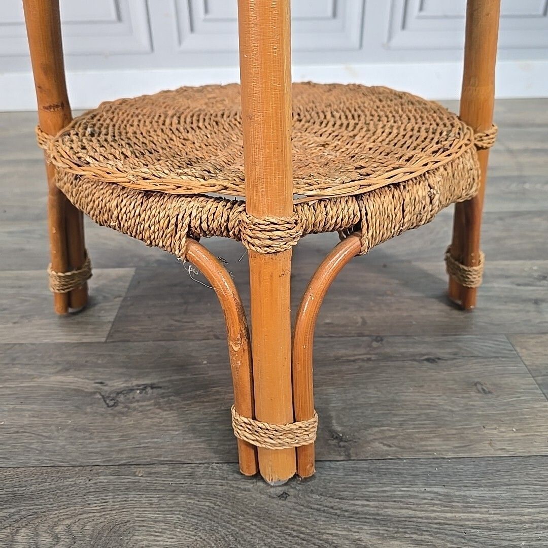 Vintage Rattan Side Table Round Two Tier Wicker Boho Lamp Plant Stand Retro photo 75.0