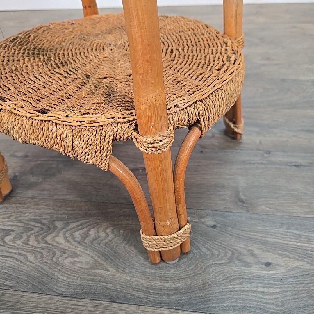 Vintage Rattan Side Table Round Two Tier Wicker Boho Lamp Plant Stand Retro photo buy