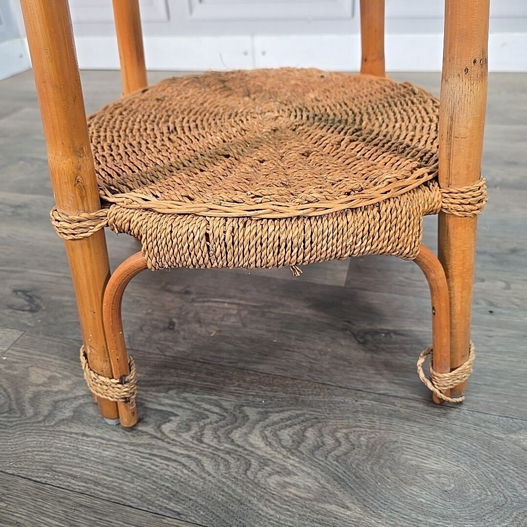Furniture Vintage Rattan Side Table Round Two Tier Wicker Boho Lamp Plant Stand Retro photo