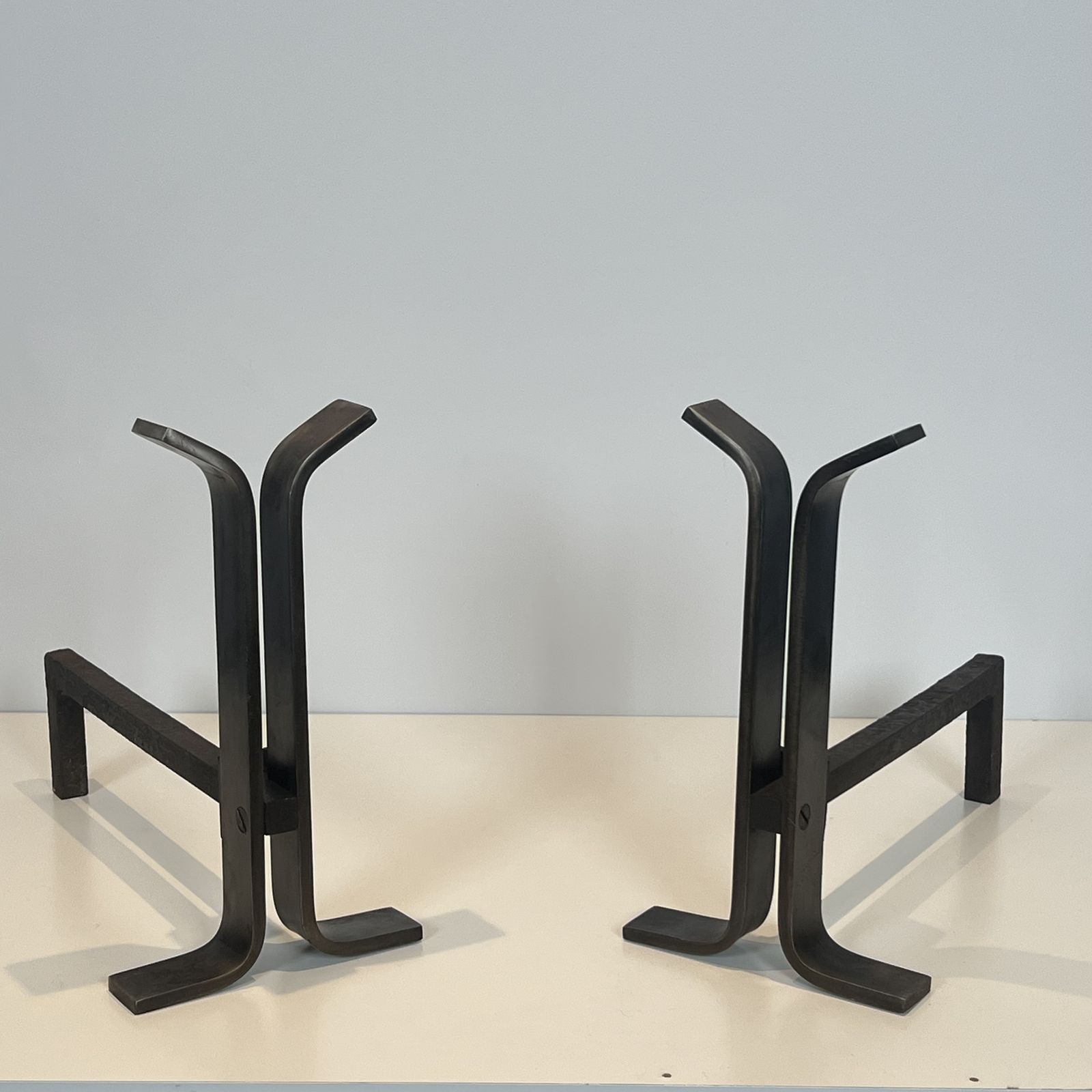 Pair Of Modernist Steel And Wrought Iron Andirons photo Home Fixtures