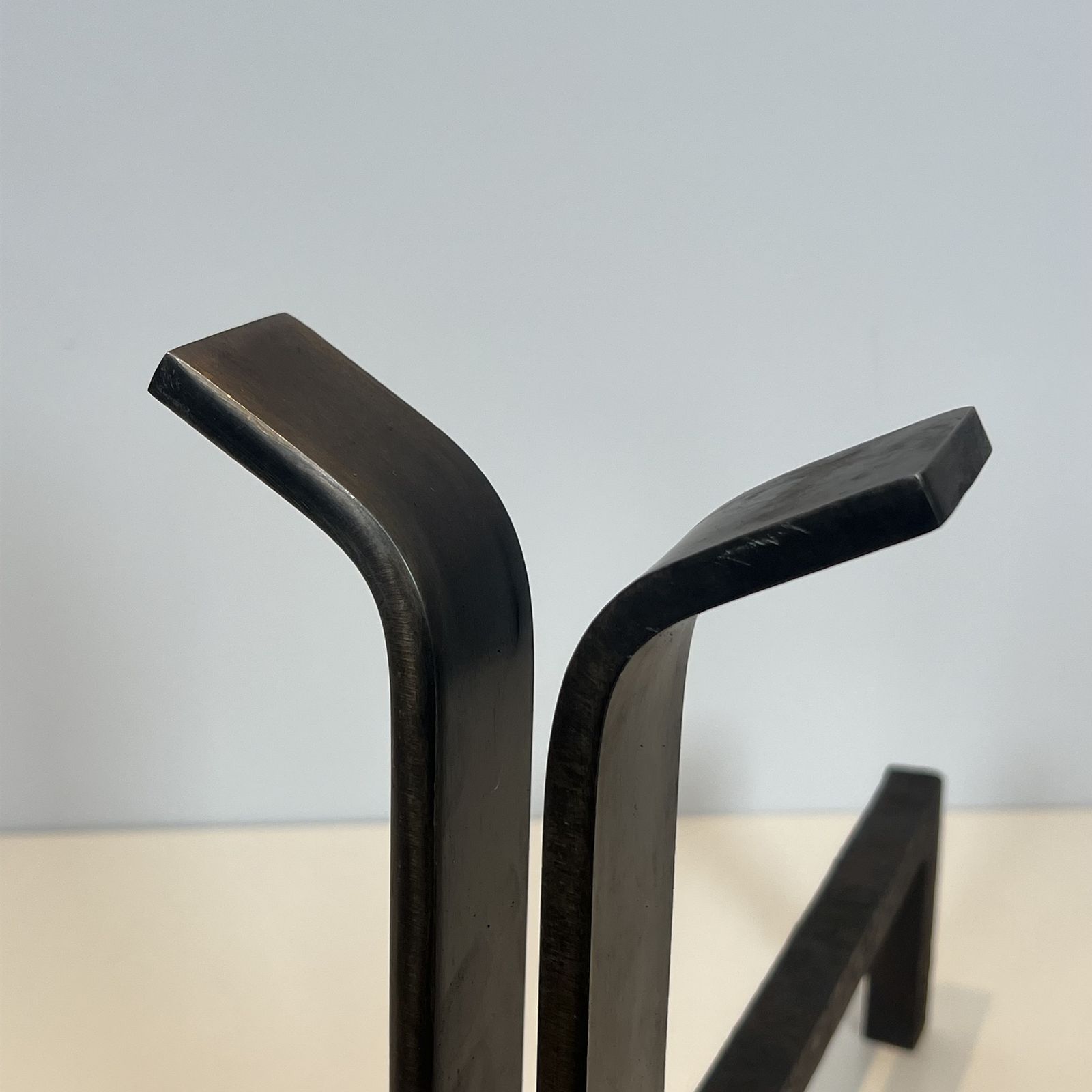 Pair Of Modernist Steel And Wrought Iron Andirons photo vintage