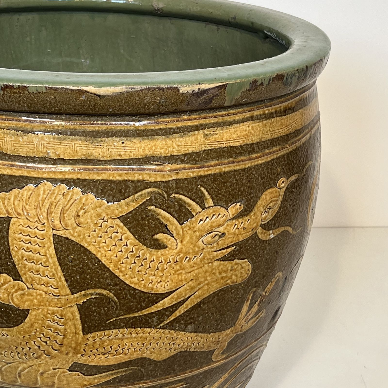 Large Chinese Glazed Terracotta Planter Decorated With Dragons photo vintage
