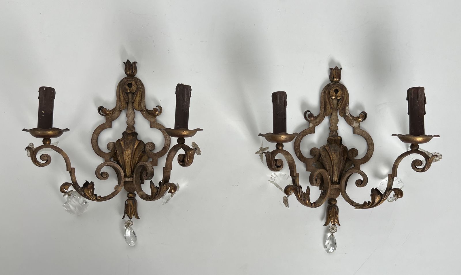 Pair Of Patinated Wrought Iron Wall Sconces With Gilded Acanthus Leaves And Crystals photo furniture
