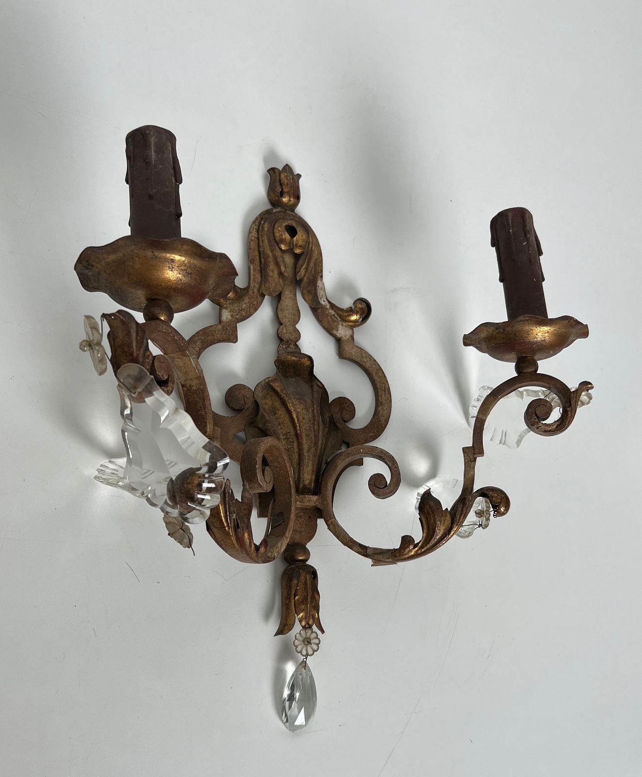Pair Of Patinated Wrought Iron Wall Sconces With Gilded Acanthus Leaves And Crystals photo for sale