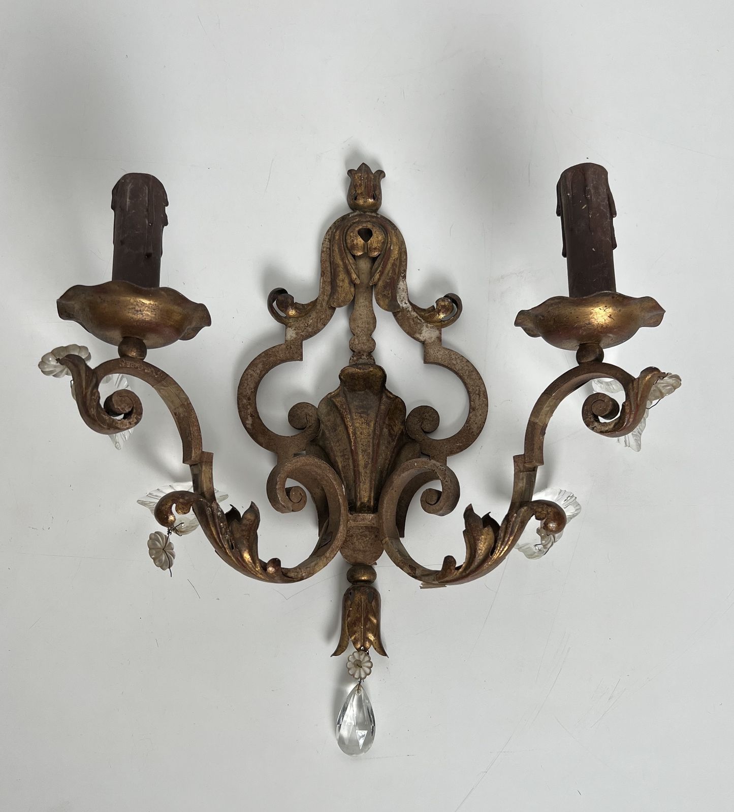 Pair Of Patinated Wrought Iron Wall Sconces With Gilded Acanthus Leaves And Crystals photo Home Decor