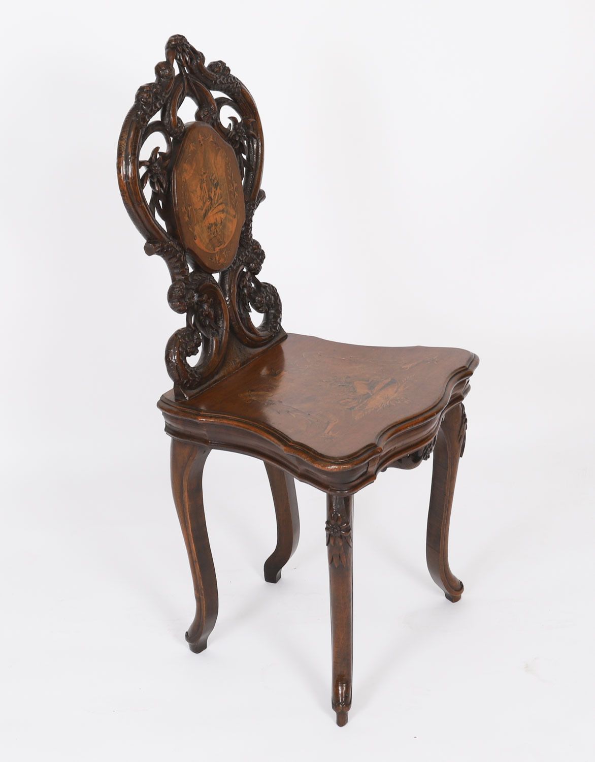 Antique Swiss Walnut Marquetry Inlaid Musical Chair 19th C