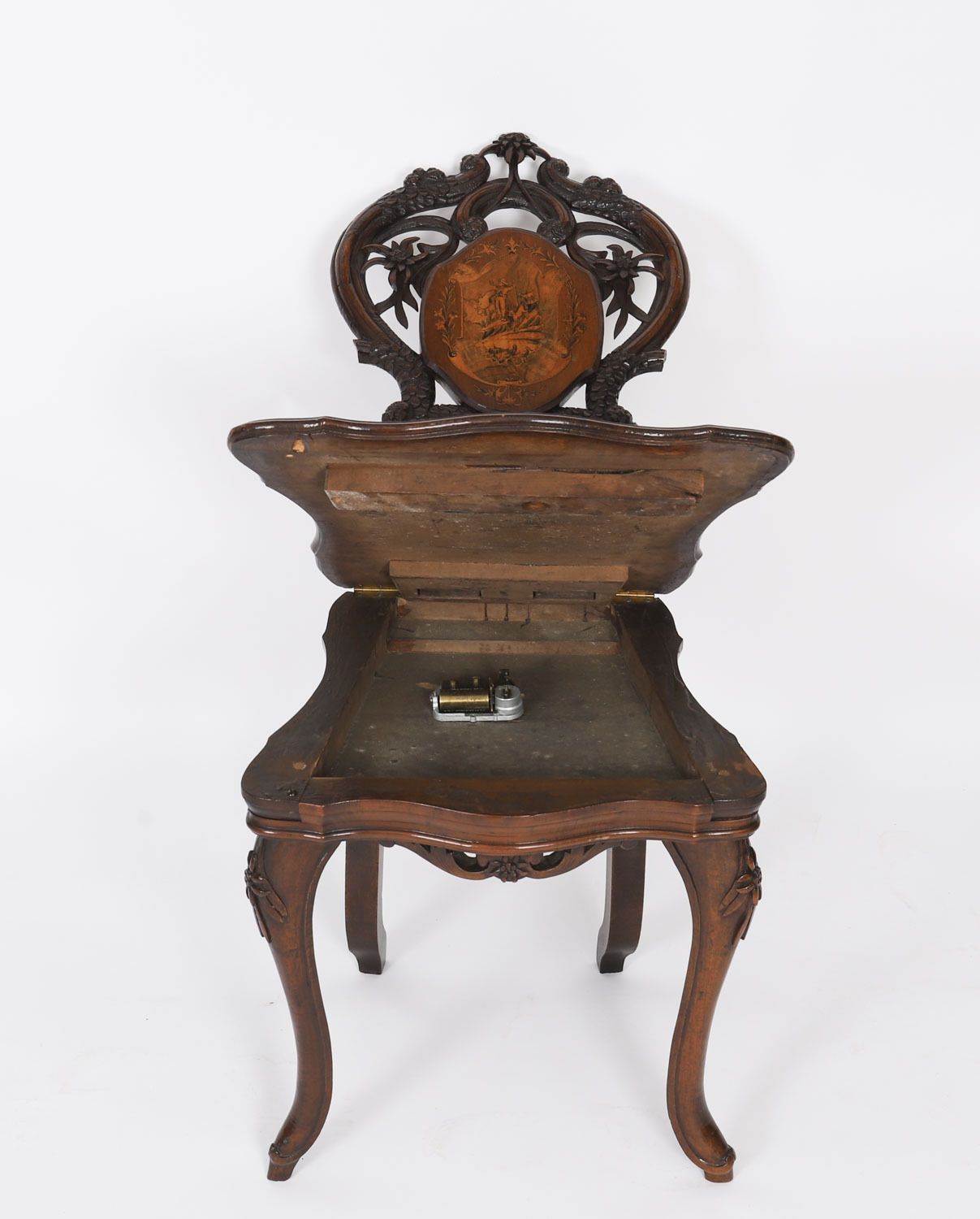 photo for sale Antique Swiss Walnut Marquetry Inlaid Musical Chair 19th C