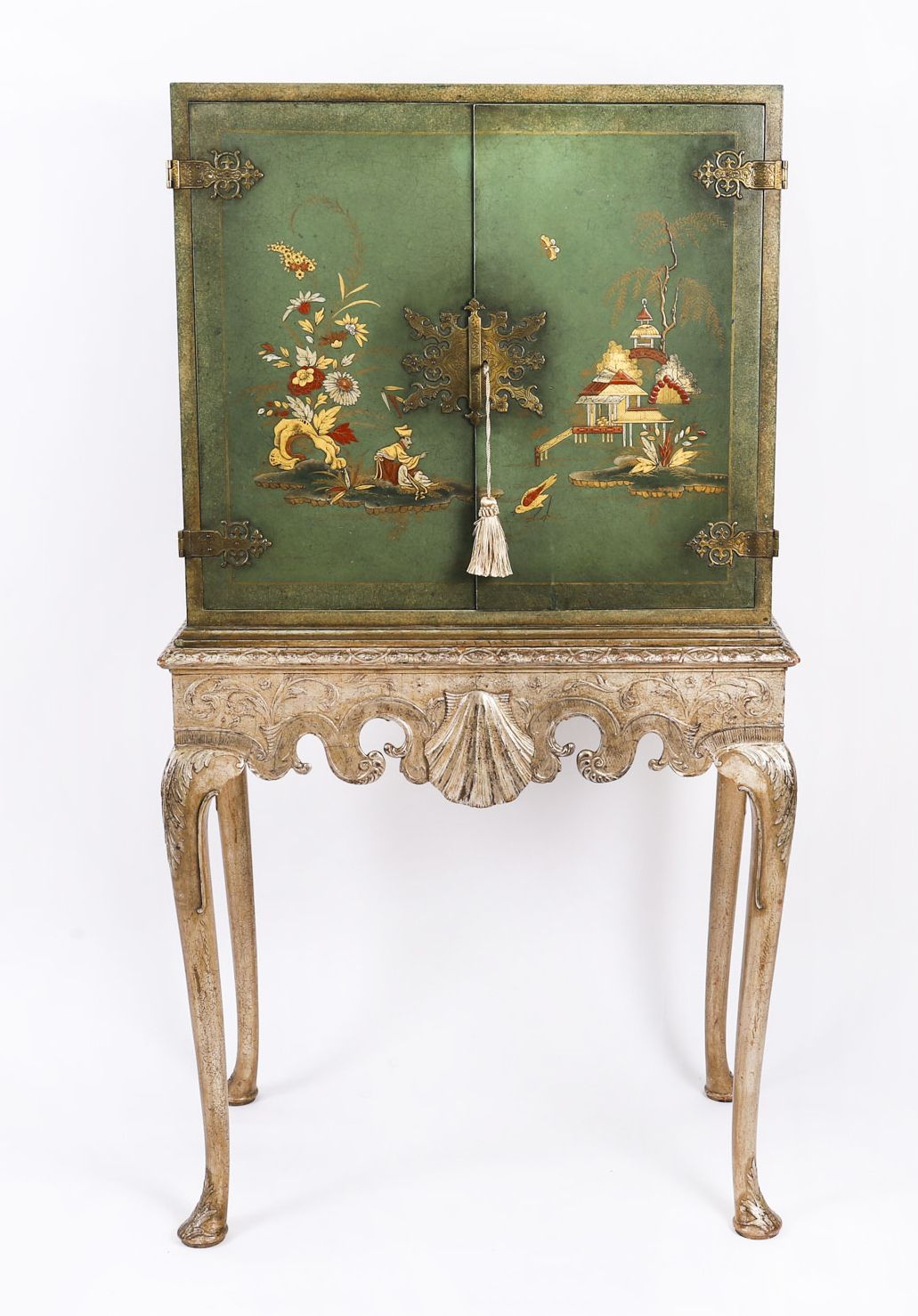 Antique Harrods Green Lacquered Cocktail Cabinet Mid 20th C