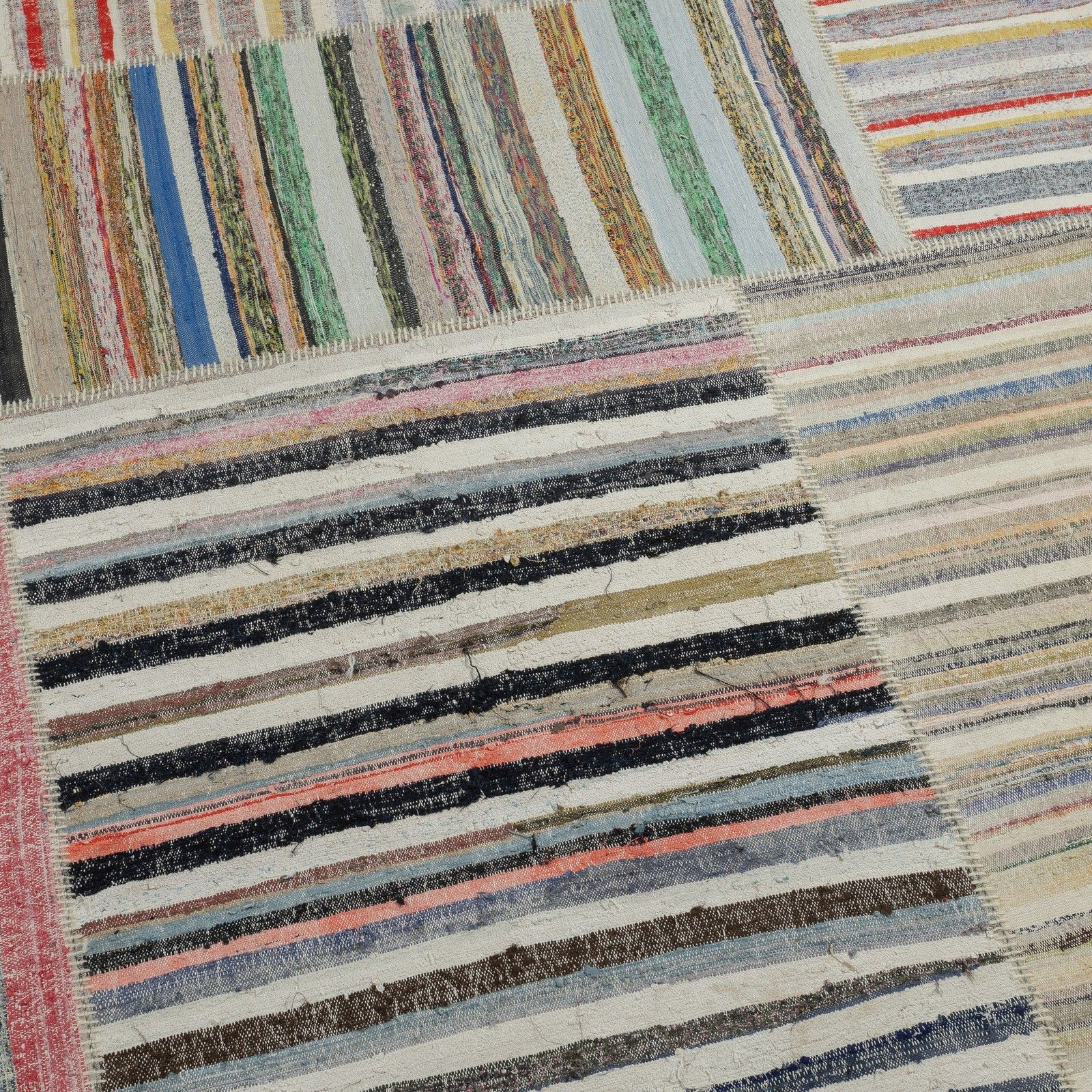 13.2x13.2 Ft Adjustable Vintage Banded Cotton Kilim Carpet, Flat Weave Rag Rug photo for sale