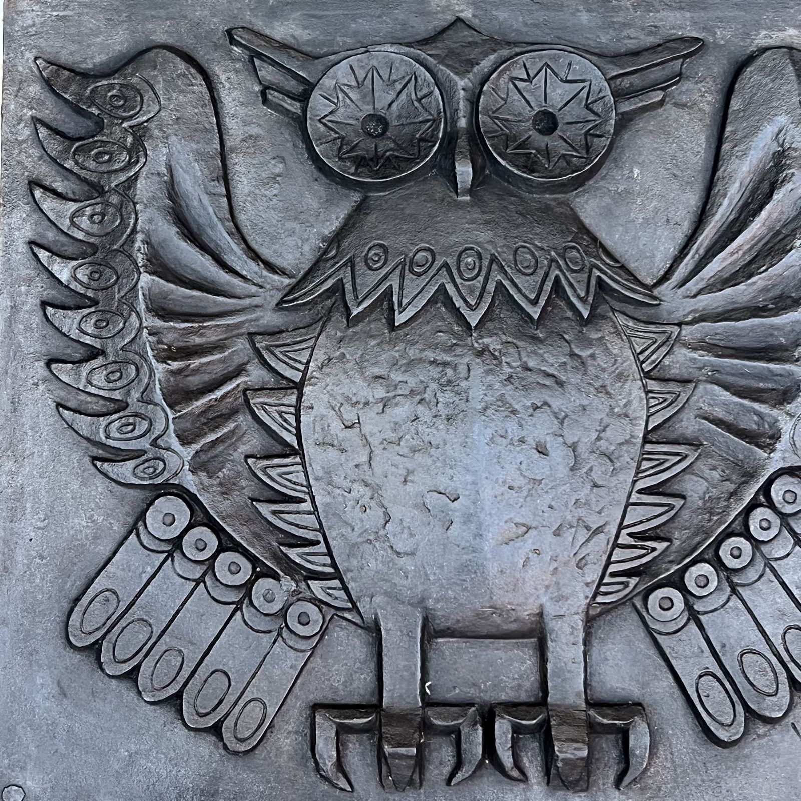 Modernist Cast Iron Fireplace Backplate, Owl Design, Signed Lucas By The Stern Foundry photo furniture