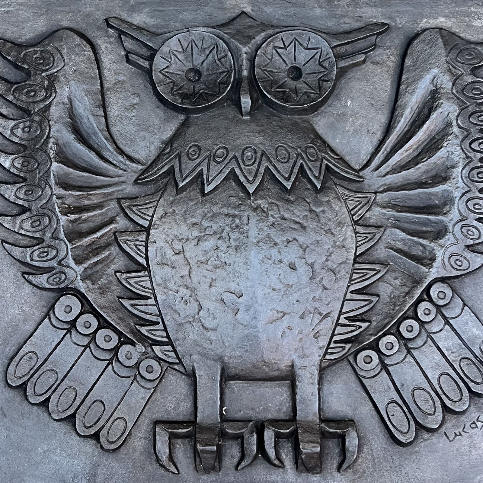 Modernist Cast Iron Fireplace Backplate, Owl Design, Signed Lucas By The Stern Foundry photo for sale