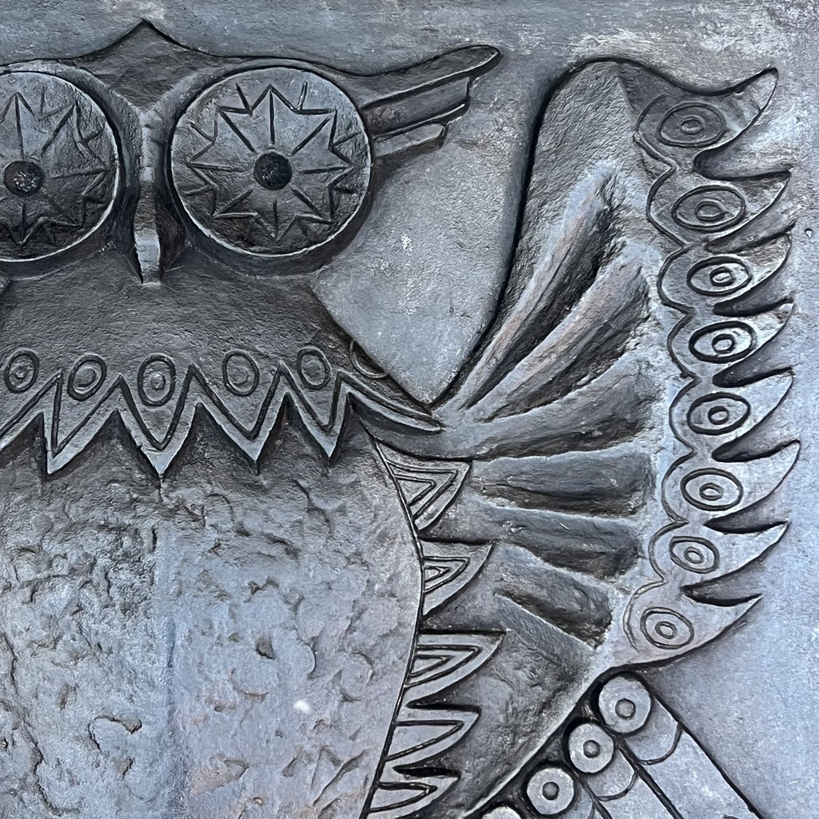 Modernist Cast Iron Fireplace Backplate, Owl Design, Signed Lucas By The Stern Foundry photo buy