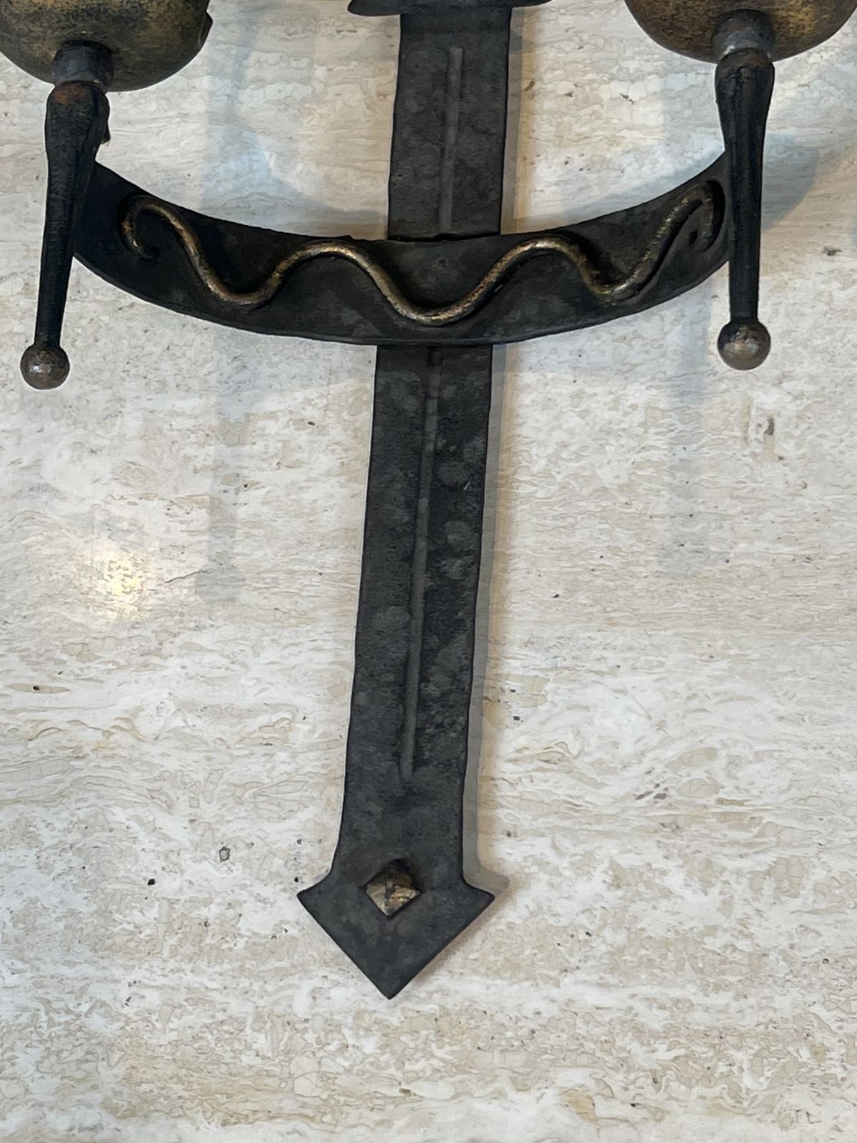 Pair Of Wrought Iron Wall Sconces With Coat Of Arms And Two Light Arms photo vintage