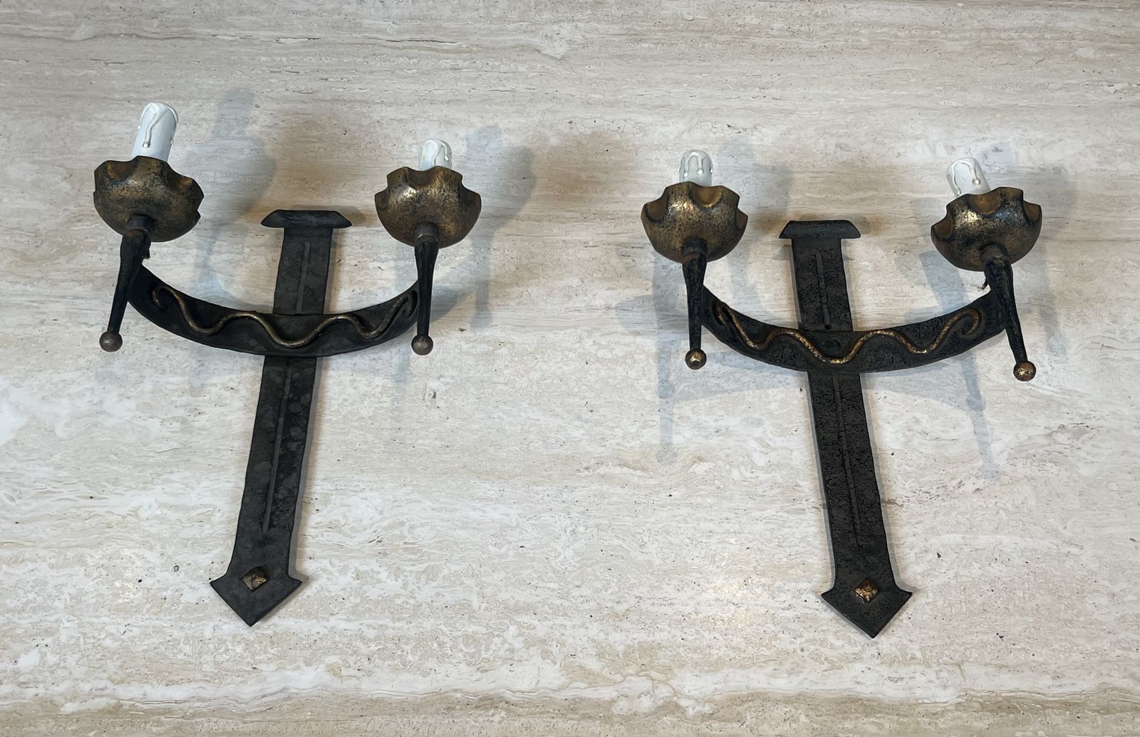 photo for sale Pair Of Wrought Iron Wall Sconces With Coat Of Arms And Two Light Arms