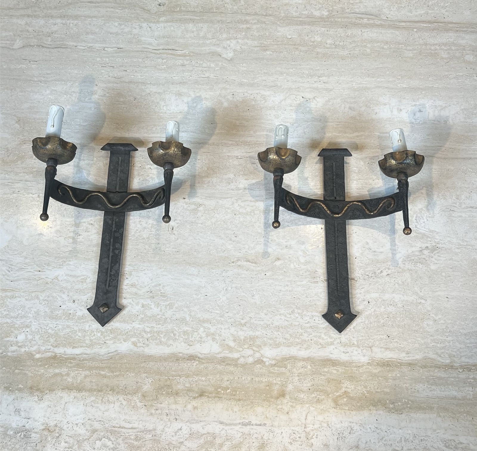Home Decor Pair Of Wrought Iron Wall Sconces With Coat Of Arms And Two Light Arms photo