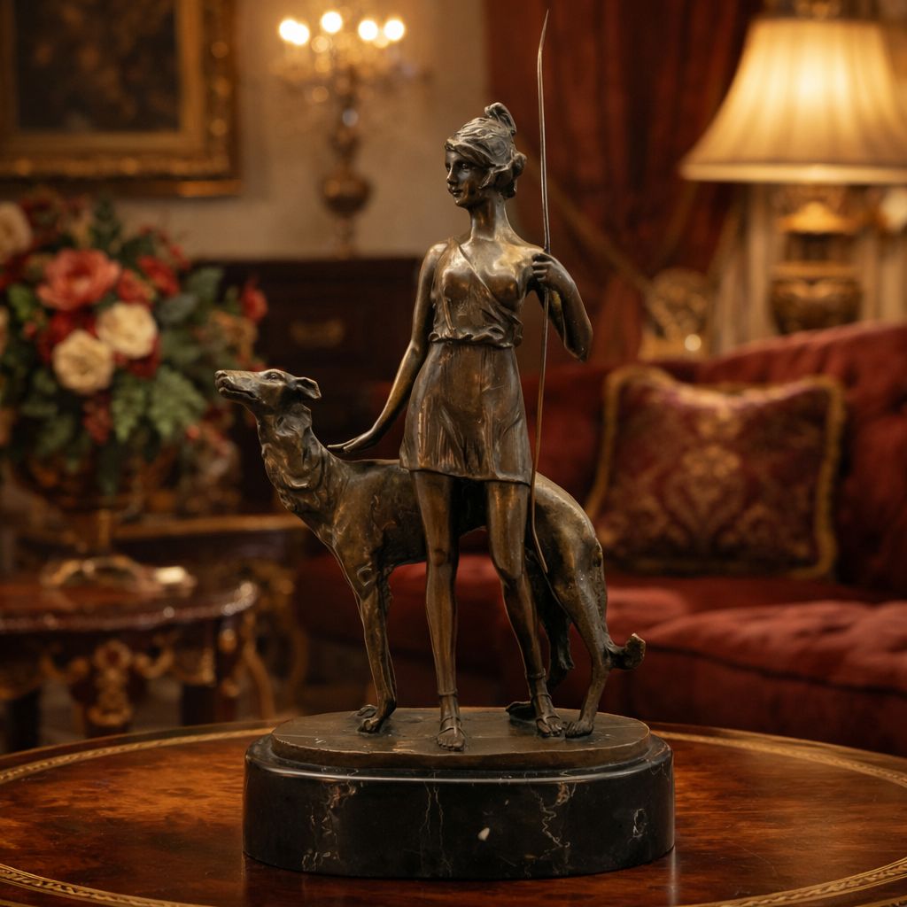 photo vintage Bronze Statue Huntress And Greyhound French Contemporary Figural Antique Style