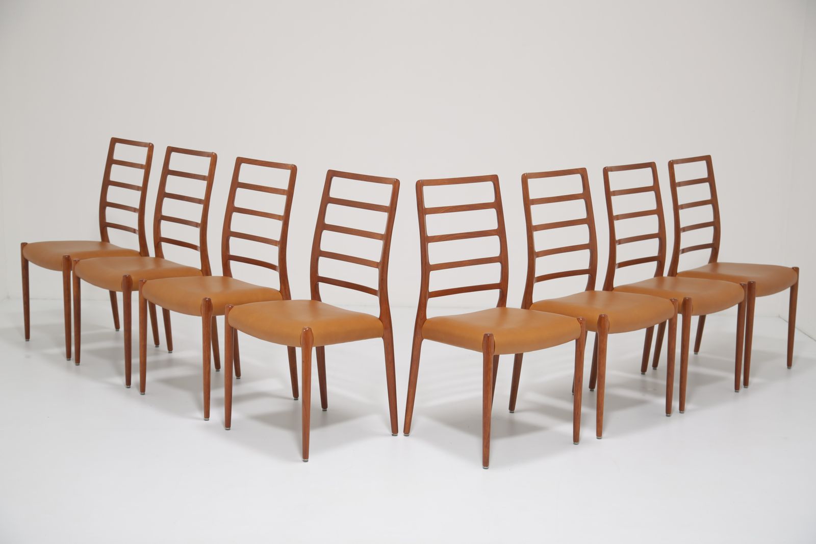 Niels Otto Møller Model 82 Dining Chairs: Set Of 8 In Solid Teak And Tan Leather For J.L. Møllers, 1960s