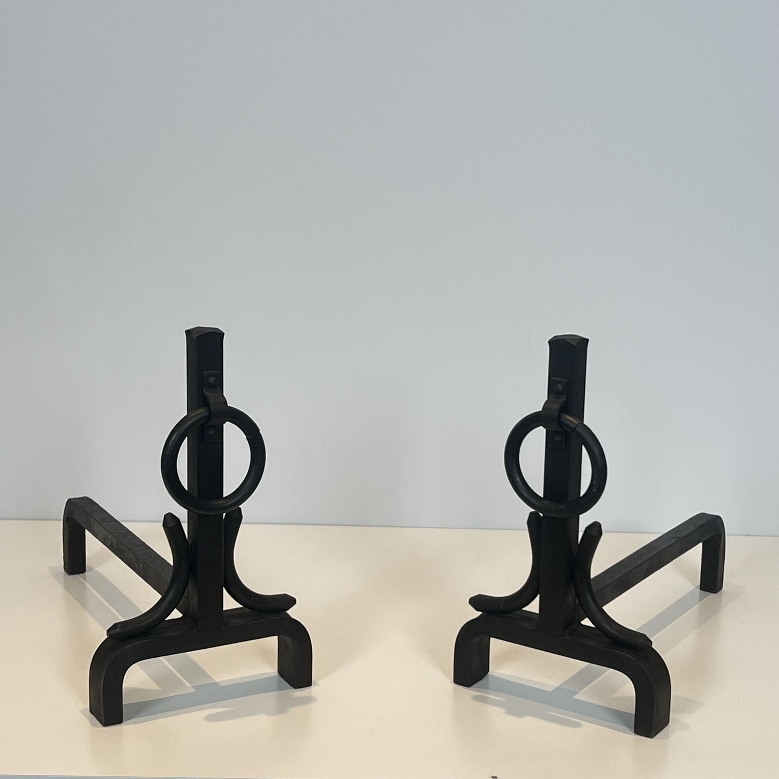 Pair Of Modernist Wrought Iron Andirons In The Style Of Jacques Adnet