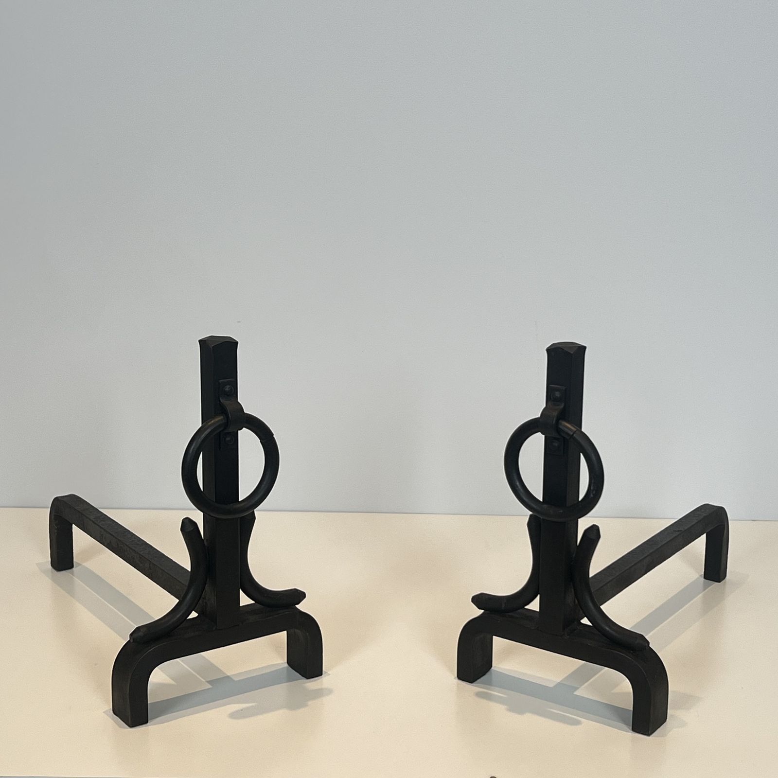 photo vinterior Pair Of Modernist Wrought Iron Andirons In The Style Of Jacques Adnet