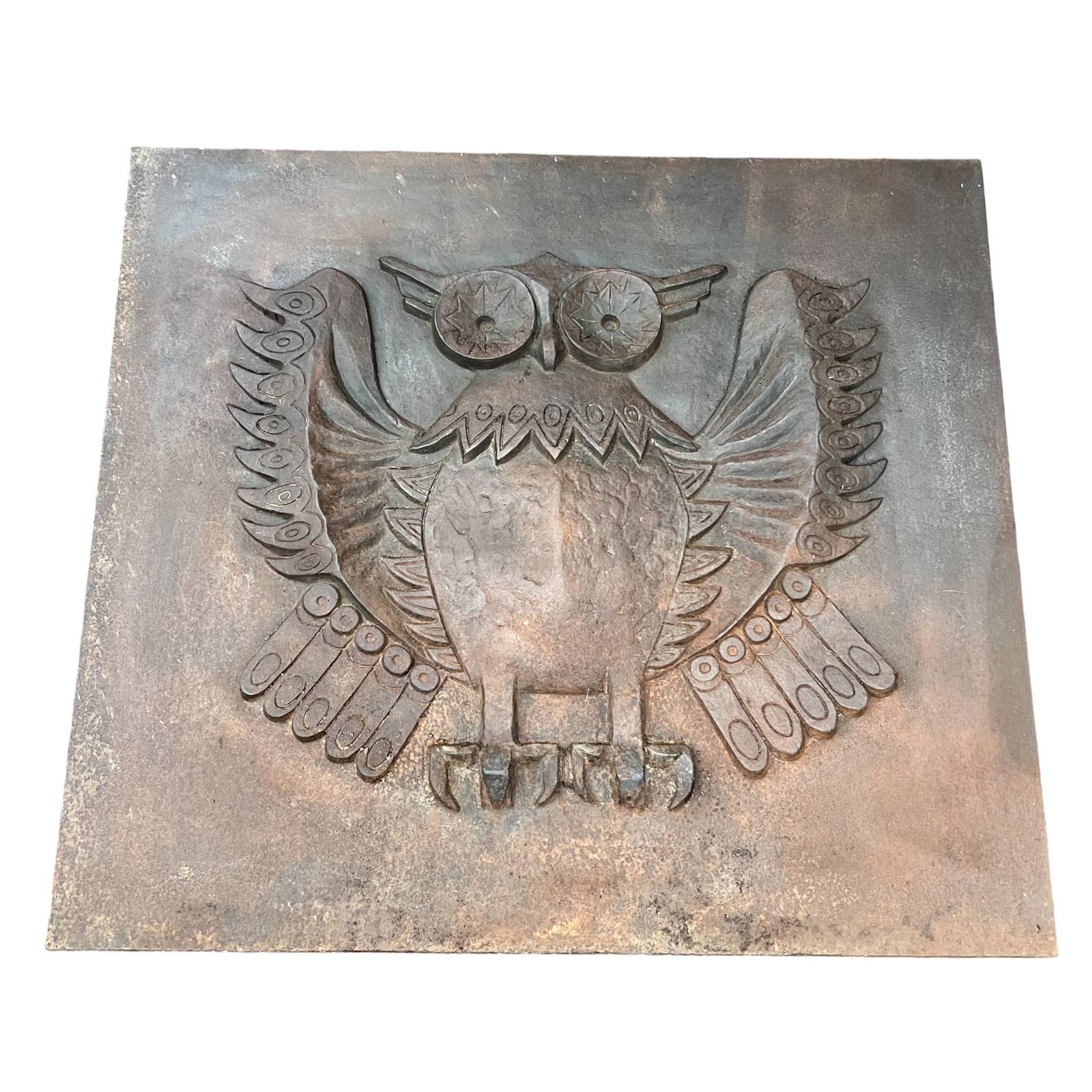2800.0 Important Modernist Cast Iron Fireback, Owl Model, Signed Lucas By The Stern Foundry photo
