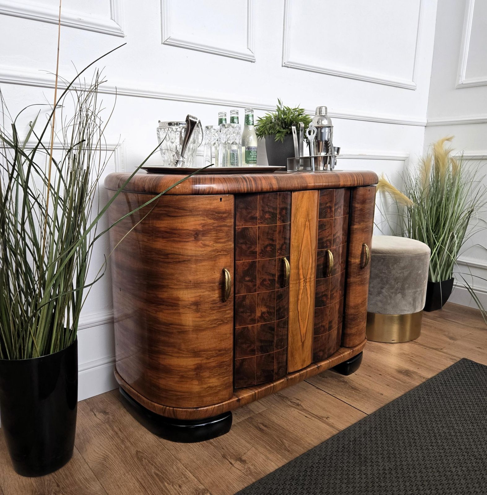 Italian 1940s Art Deco Mid Century Walnut Burl And Mirror Mosaic Dry Bar Cabinet photo furniture