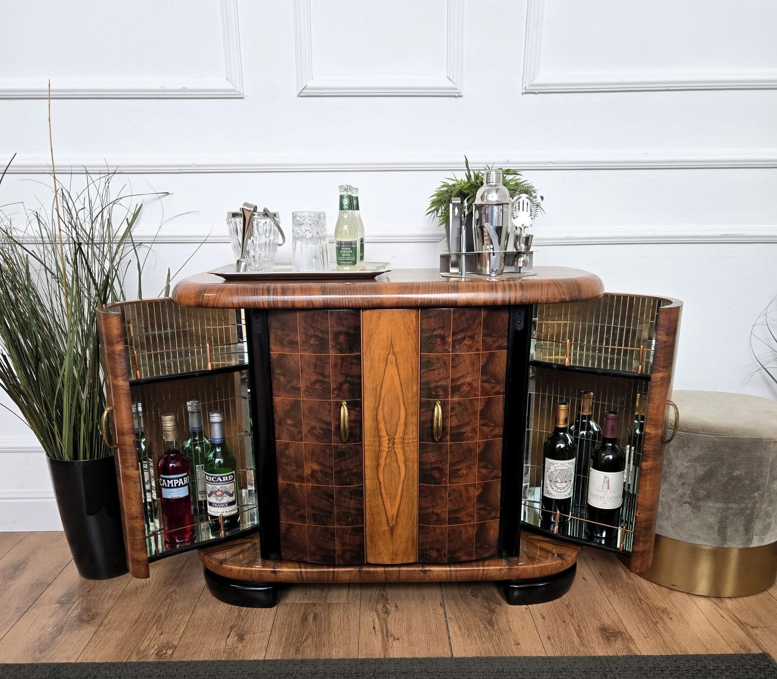 Italian 1940s Art Deco Mid Century Walnut Burl And Mirror Mosaic Dry Bar Cabinet photo for sale