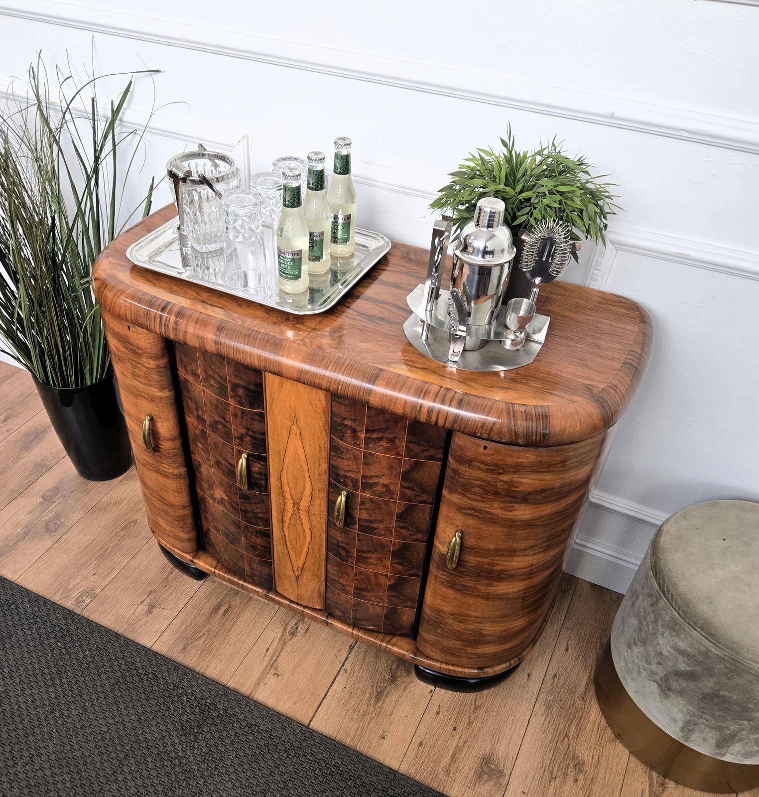 Italian 1940s Art Deco Mid Century Walnut Burl And Mirror Mosaic Dry Bar Cabinet photo vinterior