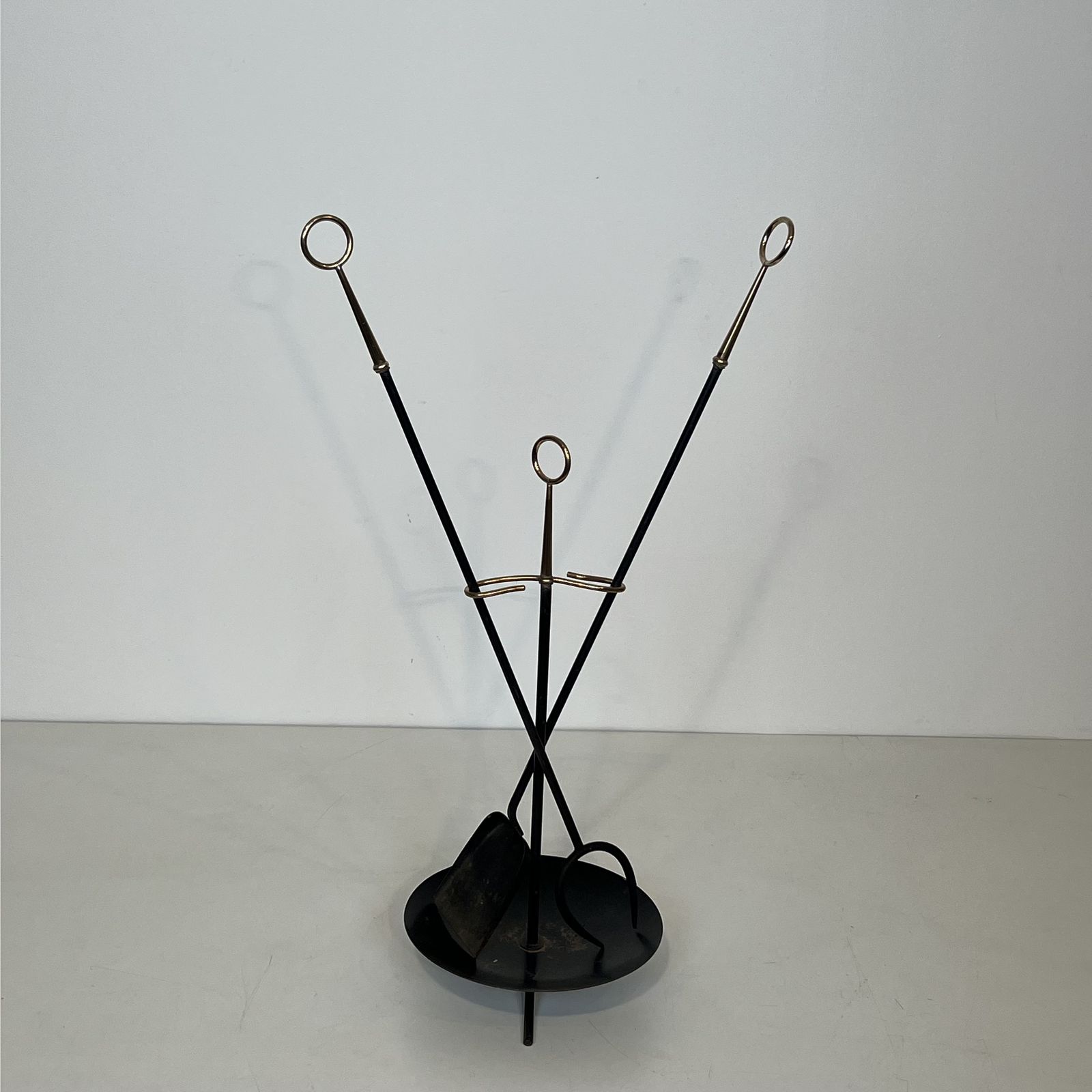 Fire Set, Designer Style, In Black Lacquered Metal And Brass photo for sale