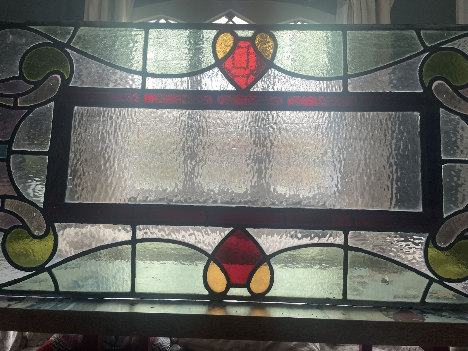 Large Architectural Antique Stained Glass Window Panel   Ruby Red Border And Stylised Heart Motif Pattern photo furniture